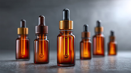 A stunning arrangement of amber glass dropper bottles with dark caps, perfect for showcasing skincare products or essential oils in a modern setting.の素材