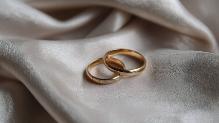 Beautifully arranged gold wedding rings resting on smooth silk fabric. The elegant design captures a timeless symbol of love and commitment, perfect for romantic themes.の素材