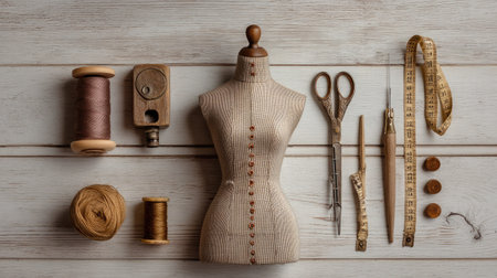 A beautifully arranged scene featuring tailoring tools, including a dress form, scissors, spools of thread, measuring tape, and buttons, set against a rustic wooden backdrop.の素材