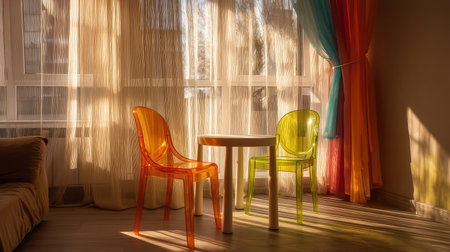 A serene and inviting scene showcasing colorful transparent chairs and a small white table in a sunlit modern room, creating a cozy atmosphere.の素材