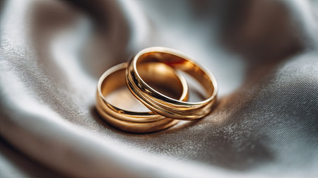 Two elegant gold wedding rings rest on luxurious silk fabric, symbolizing love and commitment. The soft texture and shine enhance the romantic elegance of this timeless jewelry piece.の素材