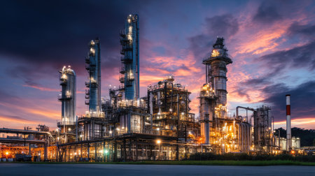 An industrial extraction facility illuminated at sunset showcases the beauty of technology and energy production amidst a vibrant sky filled with colors.の素材
