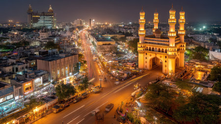 A captivating evening scene of a vibrant city showcasing a historical monument bathed in lights. The bustling streets and lively atmosphere create an enticing urban landscape perfect for travel and exploration.の素材