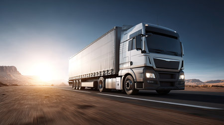 This image showcases a modern truck driving along an open road during sunrise. The scene evokes feelings of freedom and adventure in transportation.の素材