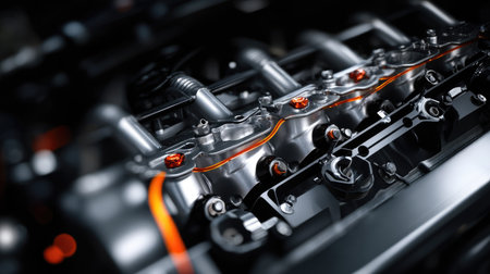 This close-up image showcases intricate details of engine components, highlighting the precision engineering and advanced technology of modern automotive design.の素材
