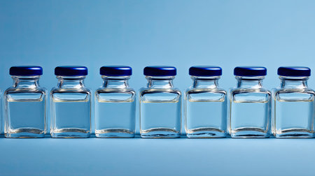This image features a collection of clear glass vials with blue caps arranged in a row against a soft blue background, ideal for pharmaceutical or laboratory themes.の素材
