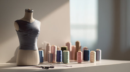 A serene tailoring workspace featuring a dress form, colorful threads, and scissors, illuminated by soft natural light, showcasing creativity and craftsmanship.の素材