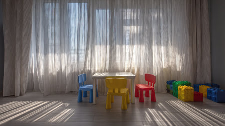 A bright and inviting children's play area featuring colorful chairs and toy blocks. Sunlight streams through sheer curtains, creating playful shadows on the floor.の素材