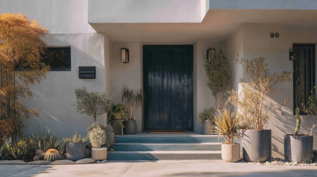 This image features a modern home entrance highlighted by a sleek door and minimalist plants. Steps lead to a welcoming area adorned with stylish decor, evoking tranquility.の素材