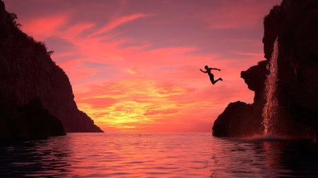 A silhouette of a person jumping off a rock into serene water during a breathtaking sunset. The image captures the essence of freedom and adventure in nature.の素材
