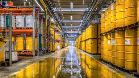 An industrial warehouse featuring rows of yellow drums on a polished floor. This image captures a modern storage facility with organized inventory and efficient design.の素材