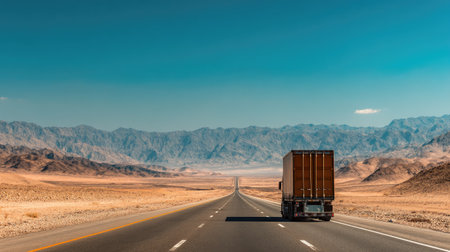 A lone truck drives along an expansive highway, surrounded by stunning desert scenery and majestic mountains under a clear blue sky. This striking image captures the essence of travel and adventure.の素材