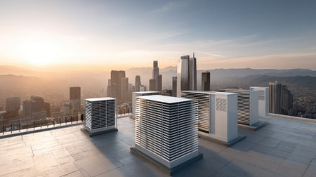A stunning rooftop view of modern air conditioning units overlooking a vibrant city skyline during sunset, showcasing urban living and infrastructure.の素材