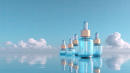 A collection of elegant blue glass bottles with droppers is displayed on a smooth water surface. This image captures tranquility and beauty for health or skincare projects.の素材