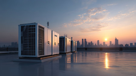 A serene view of rooftop air conditioning units set against a vibrant city skyline at sunset, symbolizing modern technology in urban landscapes.の素材