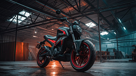 A striking modern motorcycle stands in an industrial warehouse, showcasing sleek lines and vibrant colors, creating a stunning visual experience in a unique environment.の素材