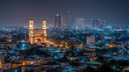 Stunning night view of Hyderabad showcasing the iconic landmark with illuminated skyscrapers in the background, highlighting the city's vibrant urban atmosphere.の素材