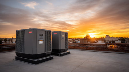 Two air conditioning units sit on a rooftop as the sun sets, casting beautiful colors across the sky. Perfect for showcasing urban technology and cooling solutions.の素材