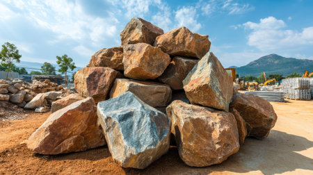 A large pile of natural stones sits at a construction site under a clear sky. The boulders vary in size and color, showcasing their rugged textures and natural beauty.の素材