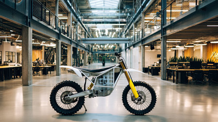 A striking electric dirt bike showcased in a sleek industrial workspace, highlighting the blend of modern technology and innovative design. Perfect for adventure enthusiasts.の素材