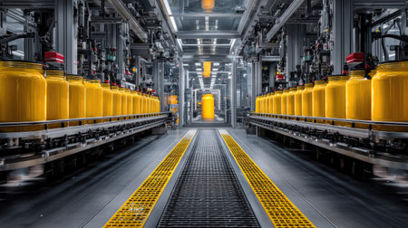 A detailed view of a modern factory floor showcasing the automated processing of yellow liquid in jars, highlighting advanced technology and efficient production methods.の素材