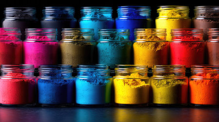 A stunning array of glass jars filled with vibrant powders showcases a kaleidoscope of colors, perfect for artistic and creative projects.の素材