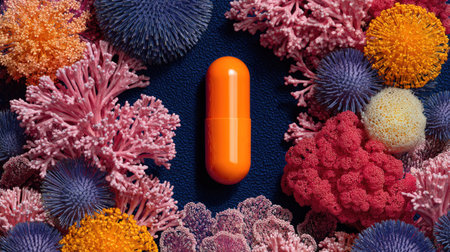 A striking orange capsule rests among a vivid array of colorful coral and sea life elements, creating an artistic and vibrant composition perfect for health and nature themes.の素材