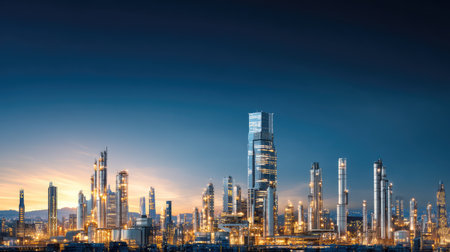 A stunning industrial cityscape captured at dusk featuring glowing skyscrapers and a vibrant skyline. This image highlights modern architecture and urban development.の素材