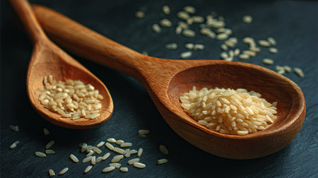 Close-up image featuring wooden spoons holding rice grains against a dark slate backdrop, ideal for culinary, cooking, or food photography themes.の素材