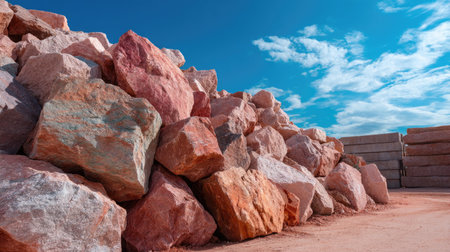A vibrant pile of natural stones in various colors against a clear blue sky. The rocky texture and arrangement showcase the beauty of nature's materials, ideal for construction or landscaping projects.の素材