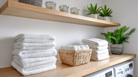 A serene bathroom scene featuring neatly stacked white towels on wooden shelves alongside lush indoor plants, creating a fresh and inviting atmosphere.の素材