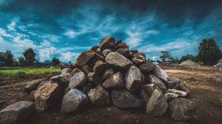 A large pile of diverse rocks rests on the ground under a dramatic cloudy sky, showcasing natural textures and the ruggedness of construction materials.の素材