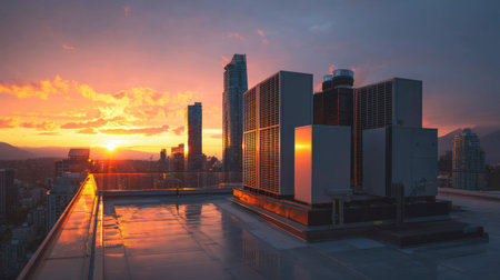 A breathtaking view of a city skyline during sunset, featuring rooftop air conditioning units glowing in the warm evening light, highlighting modern urban architecture.の素材