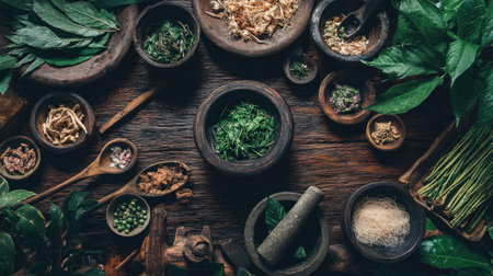 A rich display of herbs and spices arranged on a rustic wooden table, showcasing natural ingredients perfect for cooking and herbal remedies in cooking and wellness.の素材