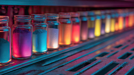 An artistic arrangement of glass bottles filled with vibrant powders, illuminated by gradient lighting. The colorful display creates a visually striking ambiance perfect for artistic or scientific themes.の素材