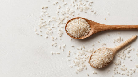 Two wooden spoons filled with uncooked white rice grains on a light background. Perfect for culinary themes and healthy cooking concepts in photography.の素材