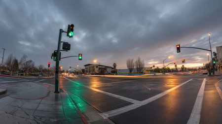 A dynamic view of an urban intersection at dusk features traffic lights changing colors under a dramatic overcast sky. The scene captures the essence of city life.の素材