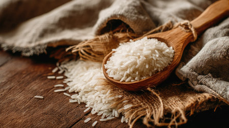 Beautifully arranged fresh white rice in a wooden spoon, resting on a rustic table. The natural textures and warm tones invite culinary creativity.の素材
