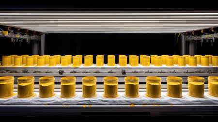 A vibrant scene showcasing yellow containers lined up on a production line, illuminated by bright LED lights, highlighting a modern manufacturing process.の素材