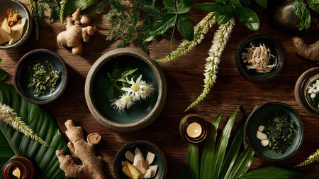 A beautiful arrangement of herbs and natural ingredients showcases the essence of wellness and holistic healing. Ideal for promoting health and lifestyle themes.の素材