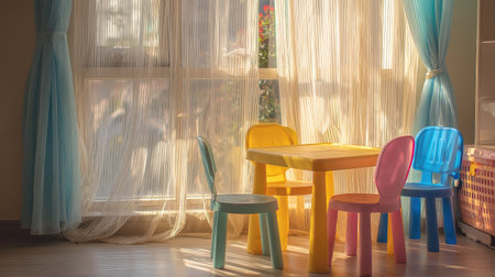 A vibrant and inviting children's playroom featuring a bright yellow table and colorful plastic chairs. Soft curtains filter natural light, creating a warm and cheerful atmosphere perfect for creative activities.の素材