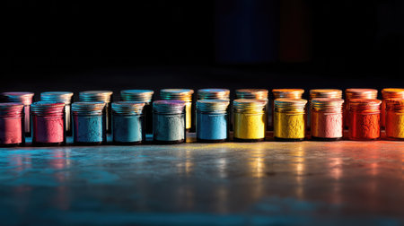 A vibrant collection of jars filled with colorful pigments displayed in an art studio, showcasing a variety of shades and textures, perfect for artistic projects.の素材