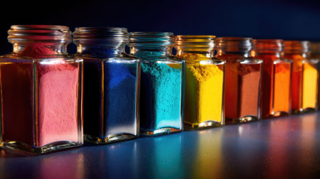 A stunning array of colorful powdered pigments neatly stored in glass jars. The bright colors create a vibrant scene, ideal for artistic and creative projects.の素材