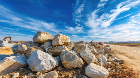 A striking view of a pile of large stones against a vibrant blue sky dotted with clouds. The scene captures elements of construction and natural landscapes.の素材