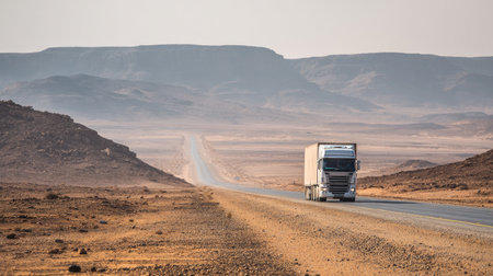 A lone truck navigates an expansive desert road under a clear sky. The scenery features dramatic mountains and vast open spaces, evoking adventure and exploration.の素材