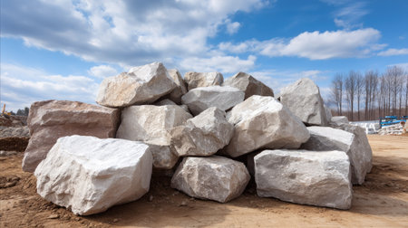 A large pile of gray and white rocks sits on a construction site under a blue sky filled with soft clouds. The scene illustrates earthwork and natural texture.の素材
