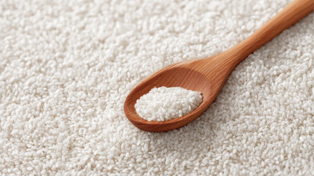 A wooden spoon holds white sesame seeds, showcasing their unique texture against a smooth surface. Ideal for culinary, wellness, and food-related projects.の素材