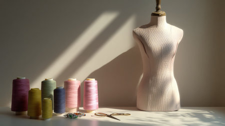 A serene tailor's workspace showcasing colorful threads, a mannequin, and scissors bathed in soft daylight, perfect for inspiring creativity and craft.の素材