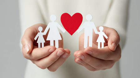 Hands gently cradle paper figures of a family with a heart, representing love and connection. This image conveys unity, affection, and the essence of familial bonds.の素材