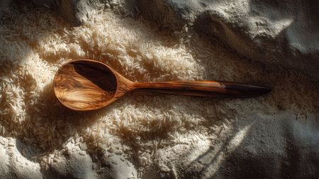 A beautifully crafted wooden spoon rests on a bed of white rice, illuminated by soft light. The combination creates an inviting atmosphere, perfect for culinary-themed projects.の素材